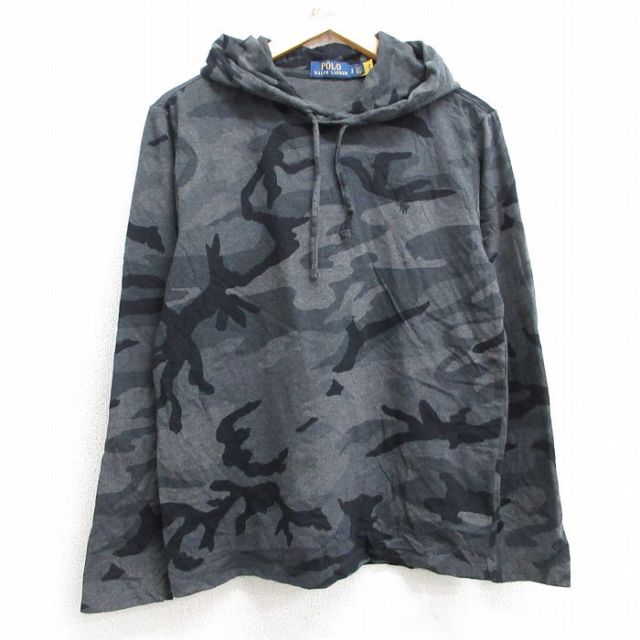 M★古着 ラルフローレン Ralph Lauren 長袖 ブランド Tシャツ パーカー メンズ ワンポイントロゴ コットン グレー 迷彩 25mar04 中古