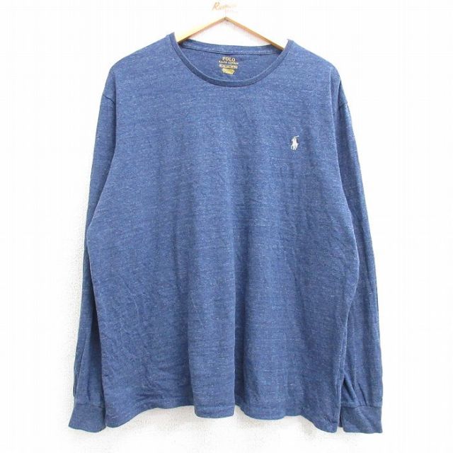 XL★古着 ラルフローレン Ralph Lauren 長袖 ブランド Tシャツ メンズ ワンポイントロゴ コットン クルーネック 紺 ネイビー 霜降り 25mar07 中古