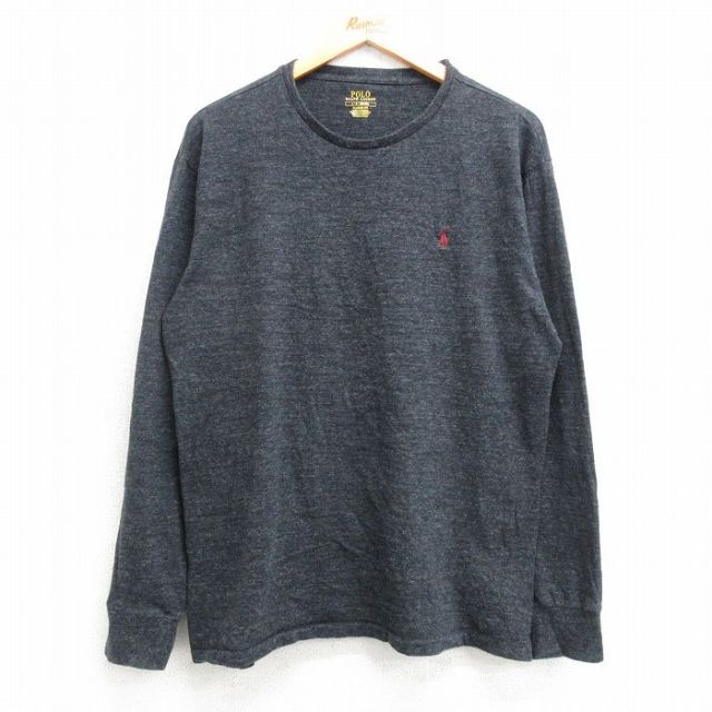 L★古着 ラルフローレン Ralph Lauren 長袖 ブランド Tシャツ メンズ ワンポイントロゴ コットン クルーネック 濃グレー 霜降り 25mar07 中古