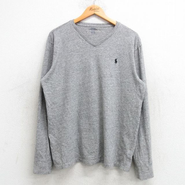 L★古着 ラルフローレン Ralph Lauren 長袖 ブランド Tシャツ メンズ ワンポイントロゴ コットン Vネック グレー 霜降り 25mar07 中古