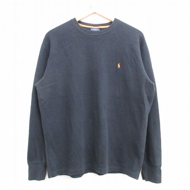L★古着 ラルフローレン Ralph Lauren 長袖 ブランド サーマル Tシャツ メンズ ワンポイントロゴ コットン クルーネック 黒 ブラック 25mar07 中古