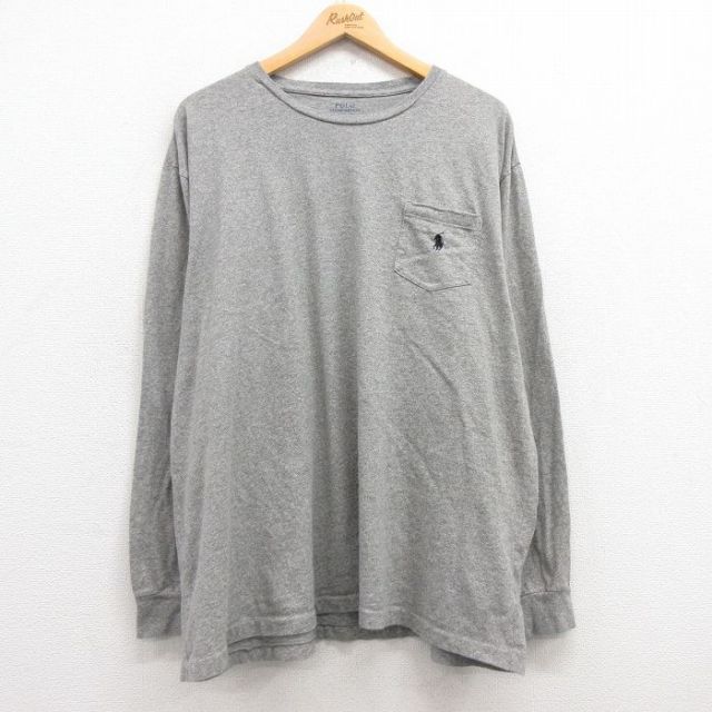 XL★古着 ラルフローレン Ralph Lauren 長袖 ブランド Tシャツ メンズ ワンポイントロゴ 胸ポケット付き 大きいサイズ コットン クルーネック グレー 霜降り 25mar07 中古