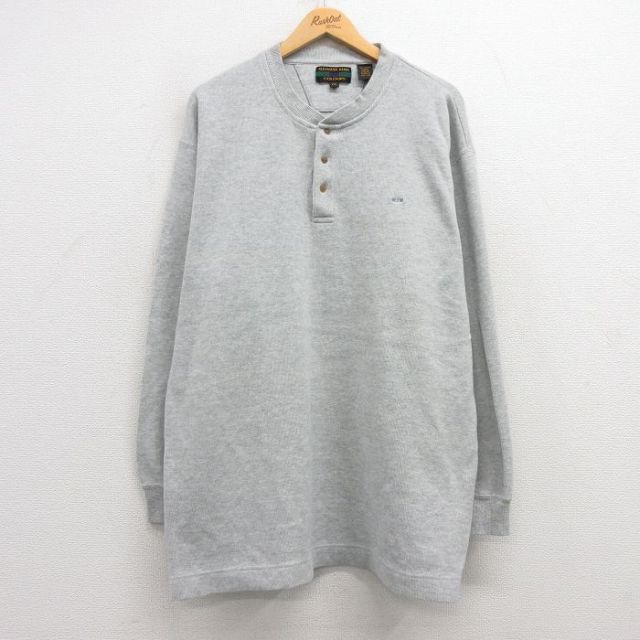 XL★古着 長袖 ビンテージ Tシャツ メンズ 00年代 00s ワンポイントロゴ 大きいサイズ ロング丈 コットン ヘンリーネック 薄グレー 霜降り 25mar07 中古
