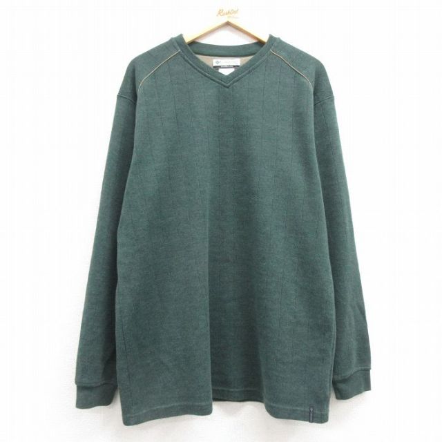 【50%OFF】XL★古着 コロンビア COLUMBIA 長袖 ビンテージ Tシャツ メンズ 00年代 00s 大きいサイズ ロング丈 Vネック 緑 グリーン ストライプ 25mar07 中古