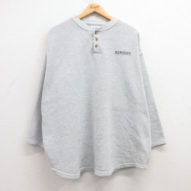 XL★古着 長袖 ビンテージ Tシャツ メンズ 00年代 00s ボウドイン カレッジ 鹿の子 大きいサイズ ヘンリーネック 薄グレー 霜降り 25mar07 中古