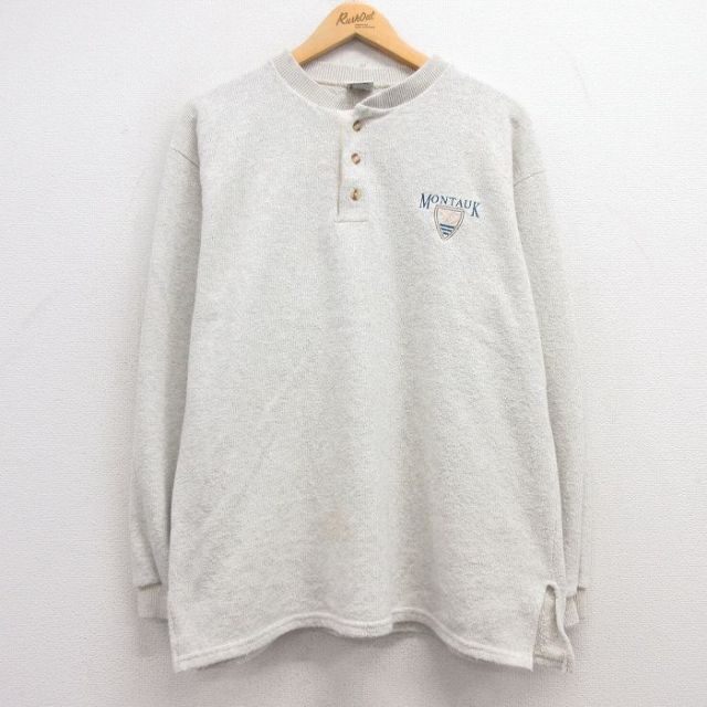 XL★古着 長袖 ビンテージ Tシャツ メンズ 90年代 90s MONTAUK ヘンリーネック USA製 薄グレー 霜降り 25mar07 中古