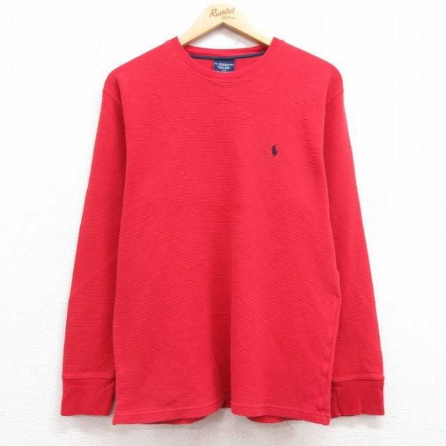 XL★古着 ラルフローレン Ralph Lauren 長袖 ブランド サーマル Tシャツ メンズ ワンポイントロゴ コットン クルーネック 赤 レッド 25mar08 中古