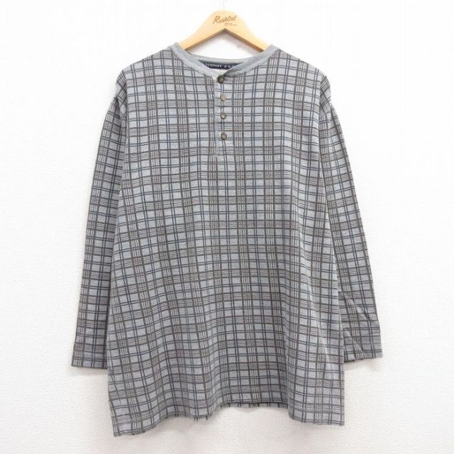XL★古着 アリゾナジーンズ 長袖 ビンテージ サーマル Tシャツ メンズ 00年代 00s ヒジ当て 大きいサイズ ヘンリーネック グレー他 チェック 25mar08 中古