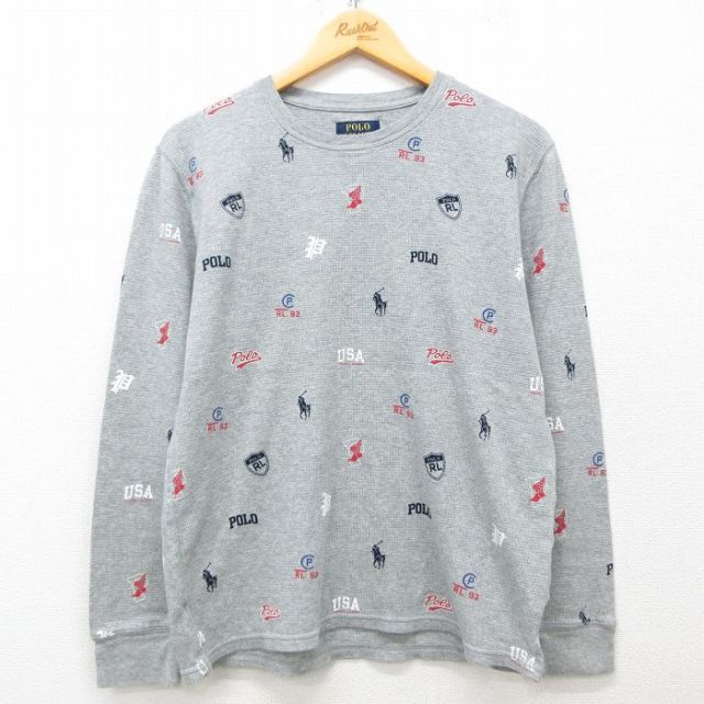 XL★古着 ラルフローレン Ralph Lauren 長袖 ブランド サーマル Tシャツ メンズ ワンポイントロゴ 総柄 コットン クルーネック グレー 25mar11 中古