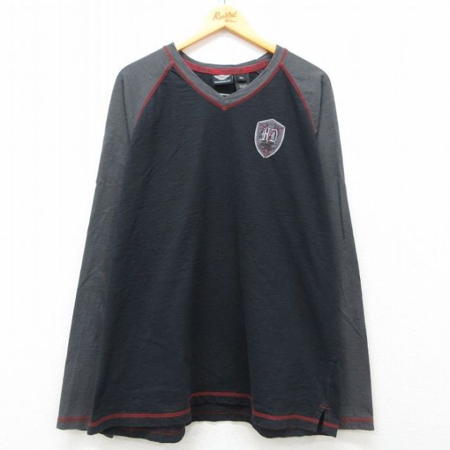 【20%OFF】XL★古着 ハーレーダビッドソン Harley Davidson 長袖 Tシャツ メンズ ラグラン 大きいサイズ コットン Vネック 濃紺他 ネイビー 25mar11 中古
