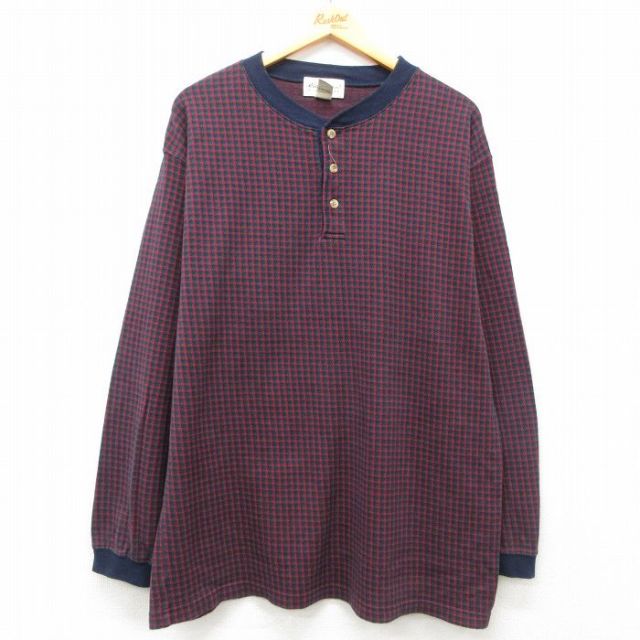 XL★古着 エディーバウアー 長袖 ビンテージ Tシャツ メンズ 00年代 00s 大きいサイズ コットン ヘンリーネック 紺他 ネイビー チェック 【spe】 25mar11 中古
