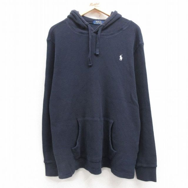XL★古着 ラルフローレン Ralph Lauren 長袖 ブランド サーマル Tシャツ パーカー メンズ ワンポイントロゴ 大きいサイズ コットン 紺 ネイビー 【spe】 25mar14 中古
