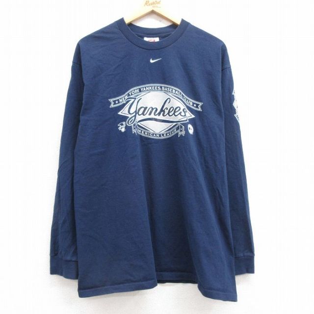 XL★古着 ナイキ NIKE 長袖 ビンテージ Tシャツ メンズ 00年代 00s MLB ニューヨークヤンキース コットン クルーネック 紺 ネイビー メジャーリーグ ベースボール 野球 【spe】 25mar14 中古