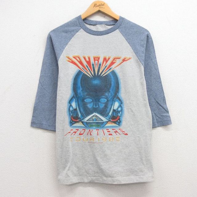 M★古着 7分袖 ロック バンド Tシャツ メンズ ジャーニー ツートンカラー ラグラン クルーネック 薄グレー 霜降り 25mar14 中古 7分丈 七分丈 七分袖