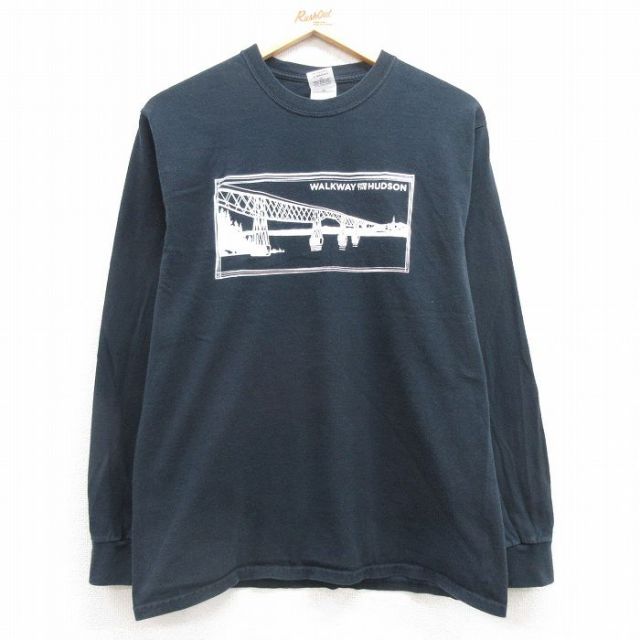 M★古着 長袖 ビンテージ Tシャツ メンズ 00年代 00s 橋 コットン クルーネック 黒 ブラック 25mar14 中古