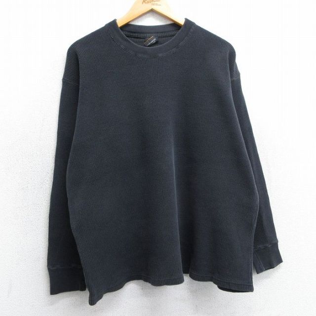 XL★古着 長袖 サーマル Tシャツ メンズ 無地 大きいサイズ コットン クルーネック 黒 ブラック 25mar18 中古