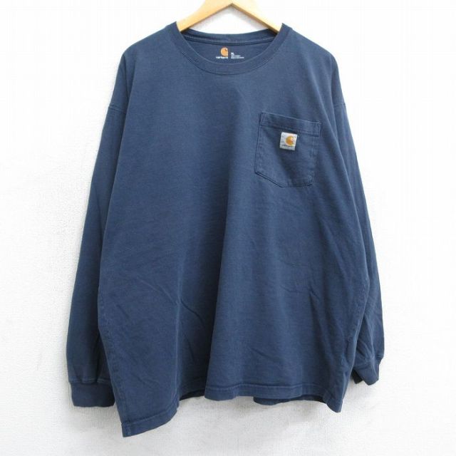 【50%OFF】XL★古着 カーハート Carhartt 長袖 Tシャツ メンズ ワンポイントロゴ 胸ポケット付き 大きいサイズ コットン クルーネック 紺 ネイビー 25mar18 中古