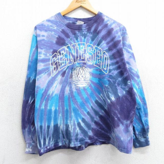 【20%OFF】L★古着 長袖 ビンテージ Tシャツ メンズ 00年代 00s ジェネセオ 大学 カレッジ コットン クルーネック 紫他 パープル タイダイ 25mar18 中古