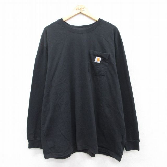 XL★古着 カーハート Carhartt 長袖 Tシャツ メンズ ワンポイントロゴ 胸ポケット付き コットン クルーネック 黒 ブラック 【spe】 25mar19 中古
