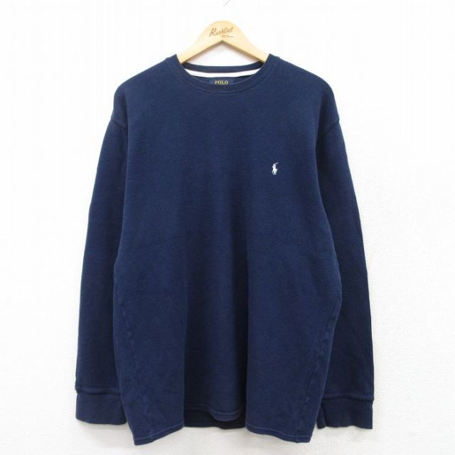 XL★古着 ラルフローレン Ralph Lauren 長袖 ブランド サーマル Tシャツ メンズ ワンポイントロゴ コットン クルーネック 紺 ネイビー 25mar19 中古