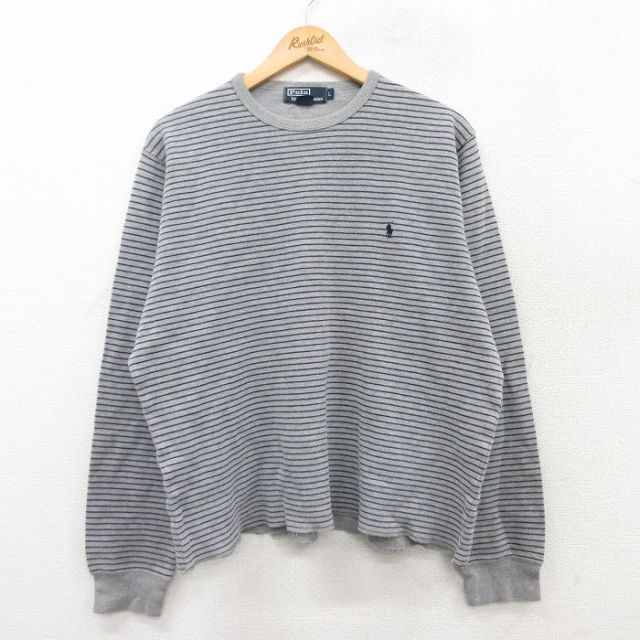 XL★古着 ラルフローレン Ralph Lauren 長袖 ブランド サーマル Tシャツ メンズ 90年代 90s ワンポイントロゴ コットン クルーネック グレー他 ボーダー 25mar19 中古