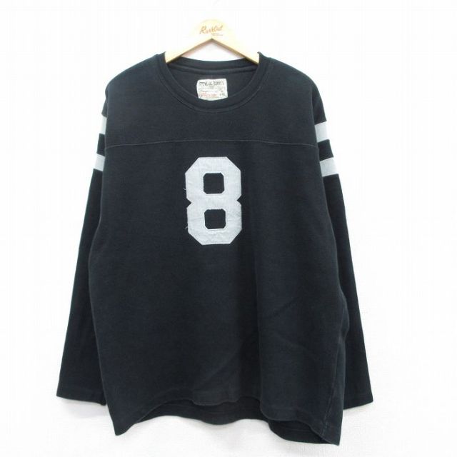 XL★古着 STEEVE&BARRYS 長袖 フットボール Tシャツ メンズ 8 大きいサイズ コットン クルーネック 黒 ブラック 25mar21 中古