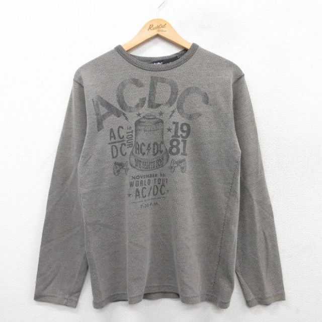M★古着 長袖 ロックバンド サーマル Tシャツ メンズ AC/DC クルーネック ベージュ カーキ 25mar21 中古
