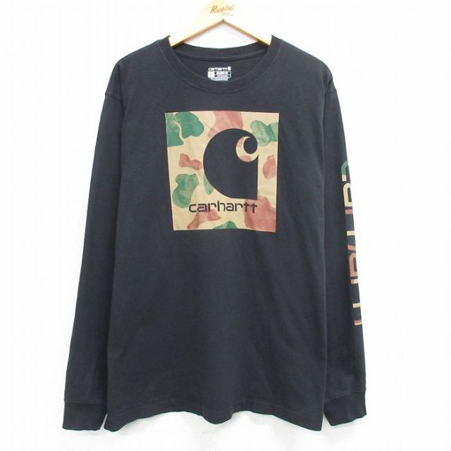 XL★古着 カーハート Carhartt 長袖 Tシャツ メンズ ビッグロゴ 大きいサイズ コットン クルーネック 黒 ブラック 25mar22 中古