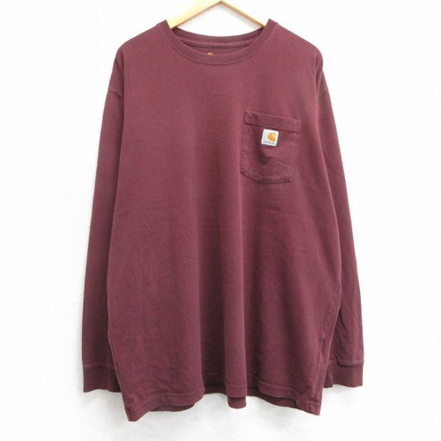 【50%OFF】XL★古着 カーハート Carhartt 長袖 Tシャツ メンズ ワンポイントロゴ 胸ポケット付き 大きいサイズ コットン クルーネック エンジ 25mar24 中古