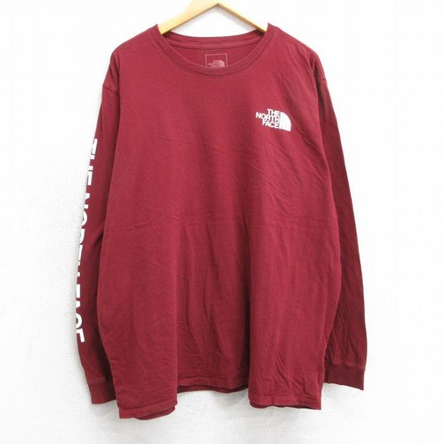 XL★古着 ノースフェイス THE NORTH FACE 長袖 Tシャツ メンズ ワンポイントロゴ 大きいサイズ コットン クルーネック エンジ系 25mar24 中古