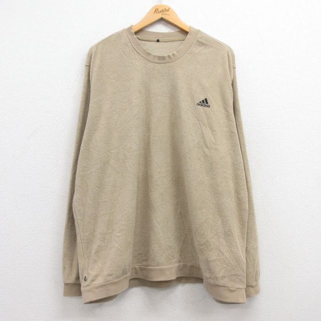 XL★古着 アディダス adidas 長袖 トップス メンズ ワンポイントロゴ パイル地 大きいサイズ クルーネック ベージュ カーキ 25mar29 中古