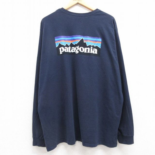 XL★古着 パタゴニア patagonia 長袖 Tシャツ メンズ ビッグロゴ 大きいサイズ クルーネック 紺 ネイビー 25mar29 中古