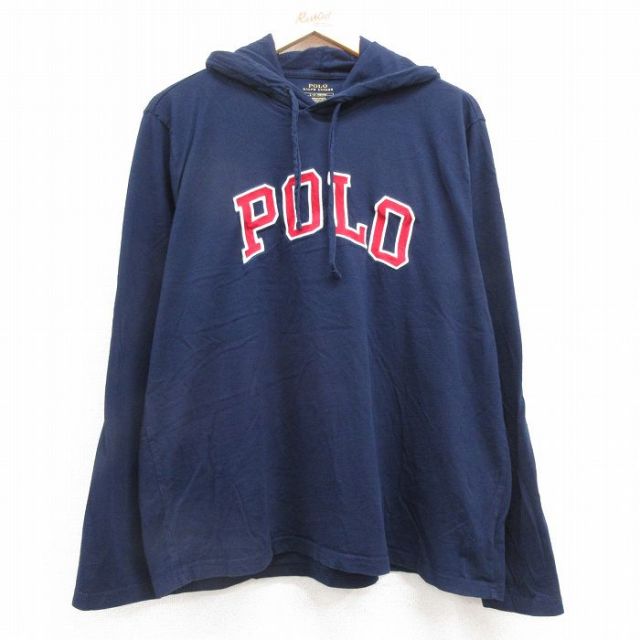 XL★古着 ラルフローレン Ralph Lauren 長袖 ブランド Tシャツ パーカー メンズ ビッグロゴ 刺繍 コットン 紺 ネイビー 25mar29 中古