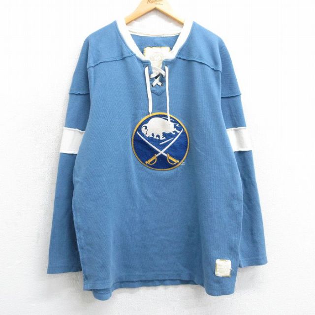 XL★古着 長袖 Tシャツ アイスホッケー ジャージ メンズ NHL バッファローセイバーズ 大きいサイズ ロング丈 コットン 薄紺 ネイビー ユニフォーム ゲームシャツ 25mar29 中古