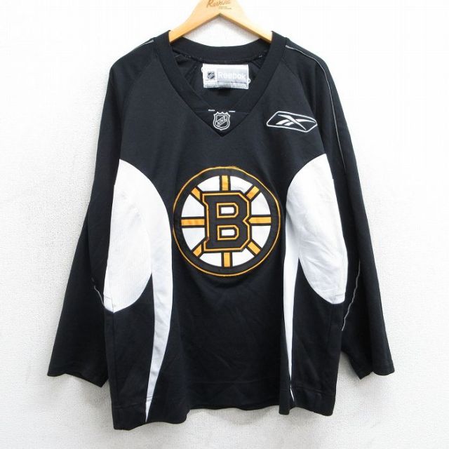 XL★古着 リーボック REEBOK 長袖 Tシャツ アイスホッケー ジャージ メンズ NHL ボストンブルーインズ ラグラン Vネック 黒他 ブラック ユニフォーム ゲームシャツ 25mar29 中古