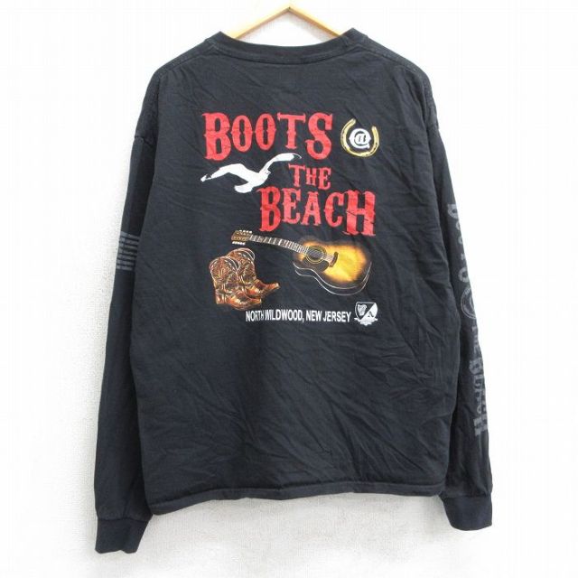XL★古着 ヘインズ Hanes 長袖 Tシャツ メンズ ギター ウエスタンブーツ コットン クルーネック 黒 ブラック 25mar29 中古