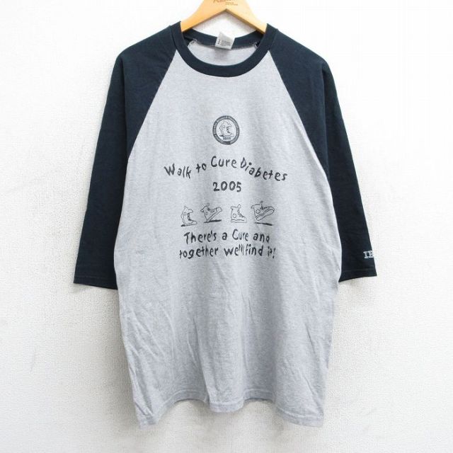 XL★古着 7分袖 ビンテージ Tシャツ メンズ 00年代 00s スニーカー IBM ラグラン ツートンカラー クルーネック グレー他 霜降り 【spe】 25mar29 中古 7分丈 七分丈 七分袖