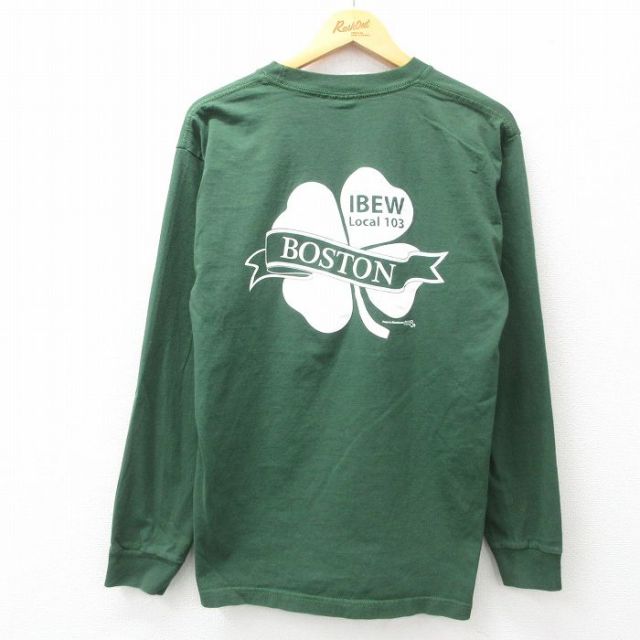 L★古着 長袖 ビンテージ Tシャツ メンズ 00年代 00s ボストン 胸ポケット付き コットン クルーネック USA製 緑 グリーン 25mar31 中古