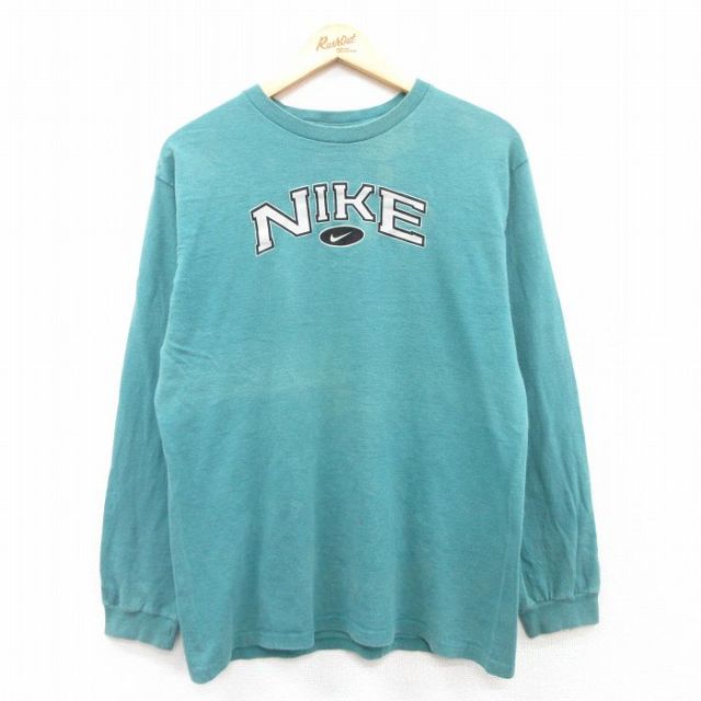 M★古着 ナイキ NIKE 長袖 ビンテージ Tシャツ メンズ 00年代 00s ビッグロゴ コットン クルーネック 青緑 【spe】 25mar31 中古