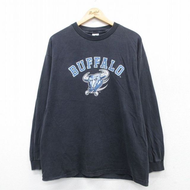 XL★古着 長袖 ビンテージ Tシャツ メンズ 00年代 00s バッファロー コットン クルーネック 黒 ブラック 25mar31 中古