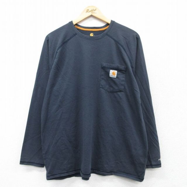 XL★古着 カーハート Carhartt 長袖 Tシャツ メンズ 胸ポケット付き ラグラン クルーネック 紺 ネイビー 25mar31 中古