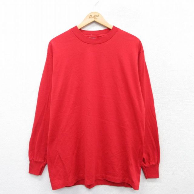 L★古着 長袖 ビンテージ Tシャツ メンズ 90年代 90s 無地 クルーネック USA製 赤 レッド 25mar31 中古
