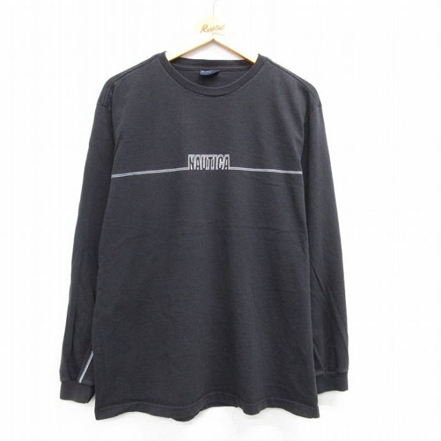 XL★古着 ノーティカ NAUTICA 長袖 ブランド Tシャツ メンズ ビッグロゴ コットン クルーネック カナダ製 黒 ブラック 25apr02 中古
