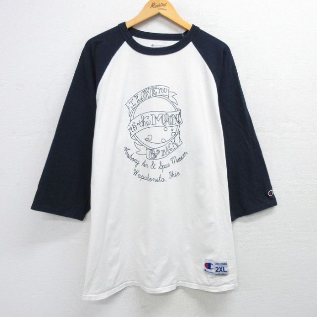 XL★古着 チャンピオン champion 7分袖 Tシャツ メンズ MOON&BLACK ラグラン 大きいサイズ ロング丈 コットン クルーネック 白他 ホワイト 25apr02 中古 7分丈 七分丈 七分袖
