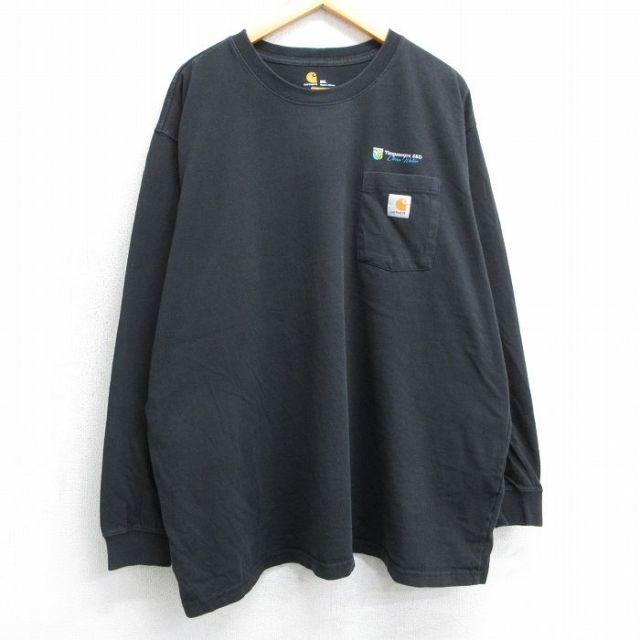 XL★古着 カーハート Carhartt 長袖 Tシャツ メンズ ワンポイントロゴ ティンパノーゴス SSD 胸ポケット付き 大きいサイズ コットン クルーネック 黒 ブラック 25apr01 中古