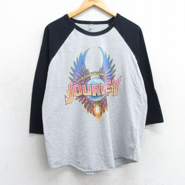 L★古着 7分袖 ロック バンド Tシャツ メンズ ジャーニー ラグラン ツートンカラー クルーネック 黒他 ブラック 25apr01 中古 7分丈 七分丈 七分袖