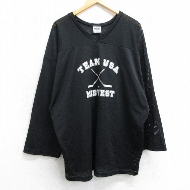 XL★古着 長袖 ビンテージ Tシャツ アイスホッケー ジャージ メンズ 90年代 90s MIDWEST 14 大きいサイズ メッシュ地 Vネック USA製 黒 ブラック ユニフォーム ゲームシャツ 25apr01 中古