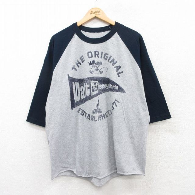 XL★古着 7分袖 Tシャツ メンズ ディズニー DISNEY ミッキー MICKEY MOUSE ツートンカラー ラグラン クルーネック グレー他 霜降り 25apr09 中古 7分丈 七分丈 七分袖