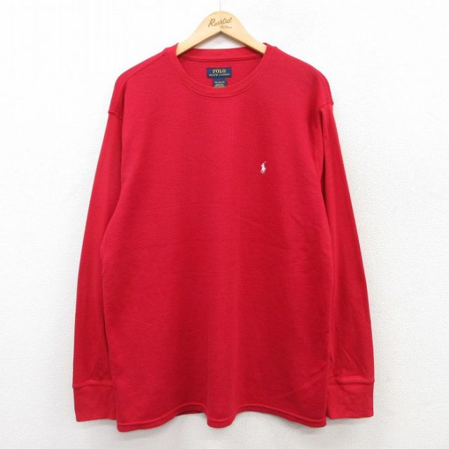 XL★古着 ラルフローレン Ralph Lauren 長袖 ブランド サーマル Tシャツ メンズ ワンポイントロゴ 大きいサイズ クルーネック 赤 レッド 25apr09 中古