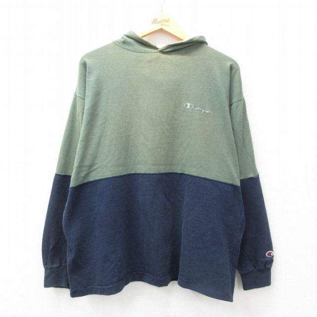 XL★古着 チャンピオン champion 長袖 ビンテージ Tシャツ パーカー メンズ 90年代 90s ワンポイントロゴ ツートンカラー 大きいサイズ コットン USA製 緑他 グリーン 【spe】 25apr11 中古
